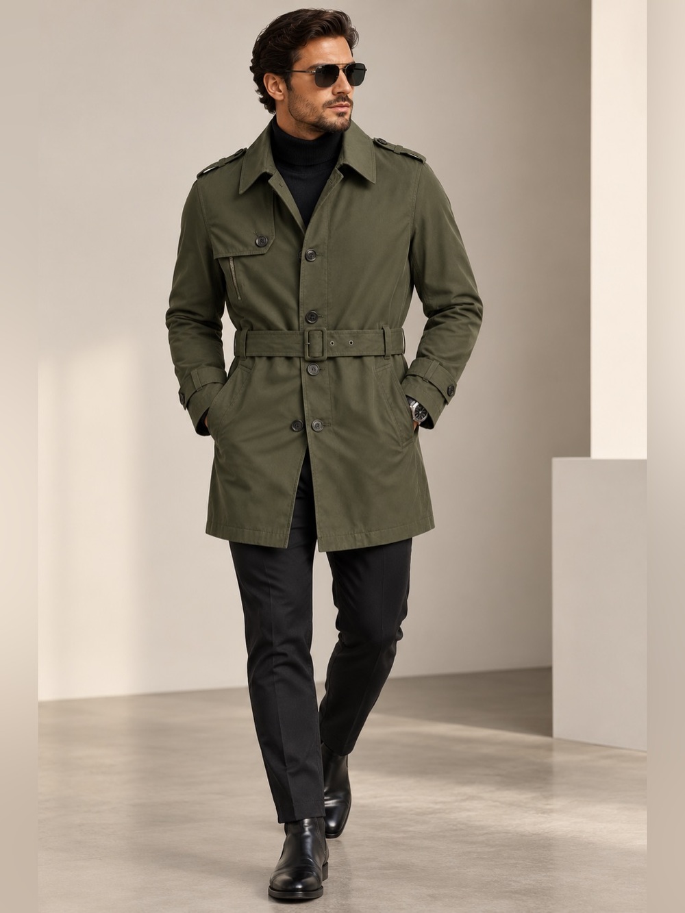 Zara Men Olive Belted Trench Coat